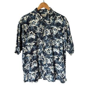 St Johns Bay Shirt Mens Sz L Blue Hawaiian Floral Short Sleeves Retro Linen Blnd